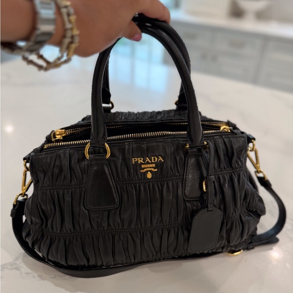 Prada Handbags - PRADA NAPPA GAUFRE TOTE black leather gold hardware with crossbody strap